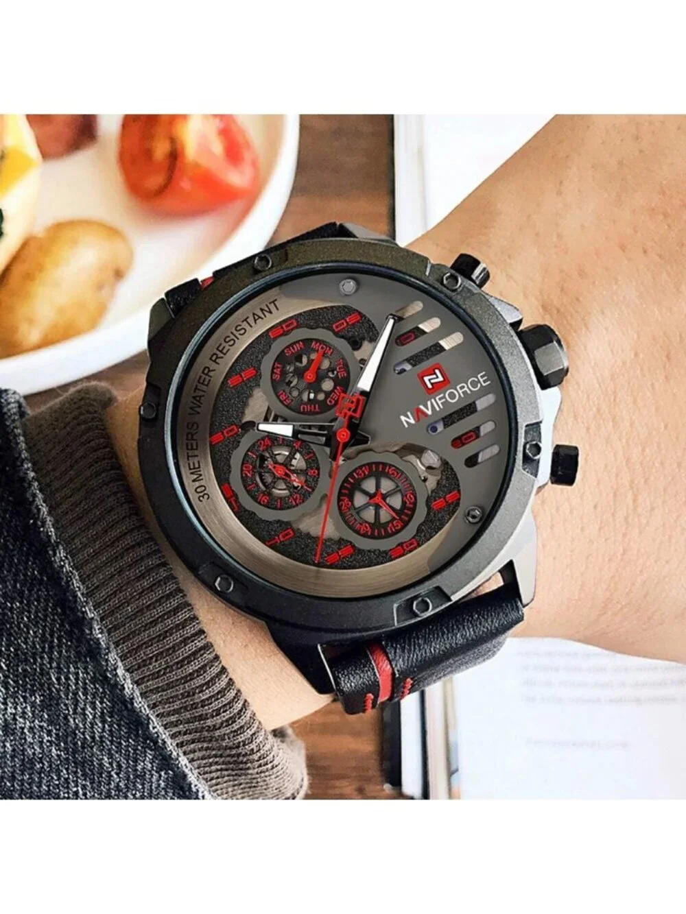 Men's Black Red Analog Quartz Leather Band Waterproof Sport Military Wrist Watch